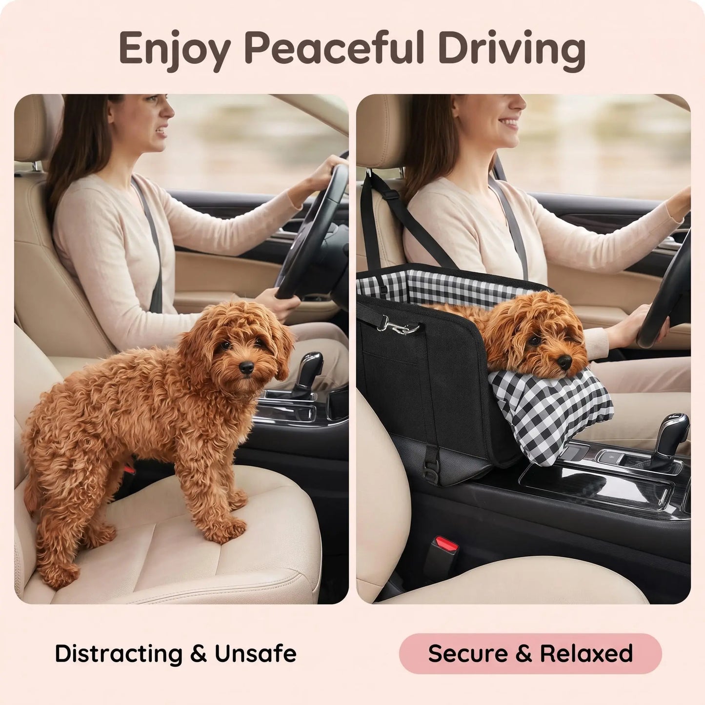 Center Console Dog Car Seat for Small Dogs & Cats with Safety Leash & Cushion