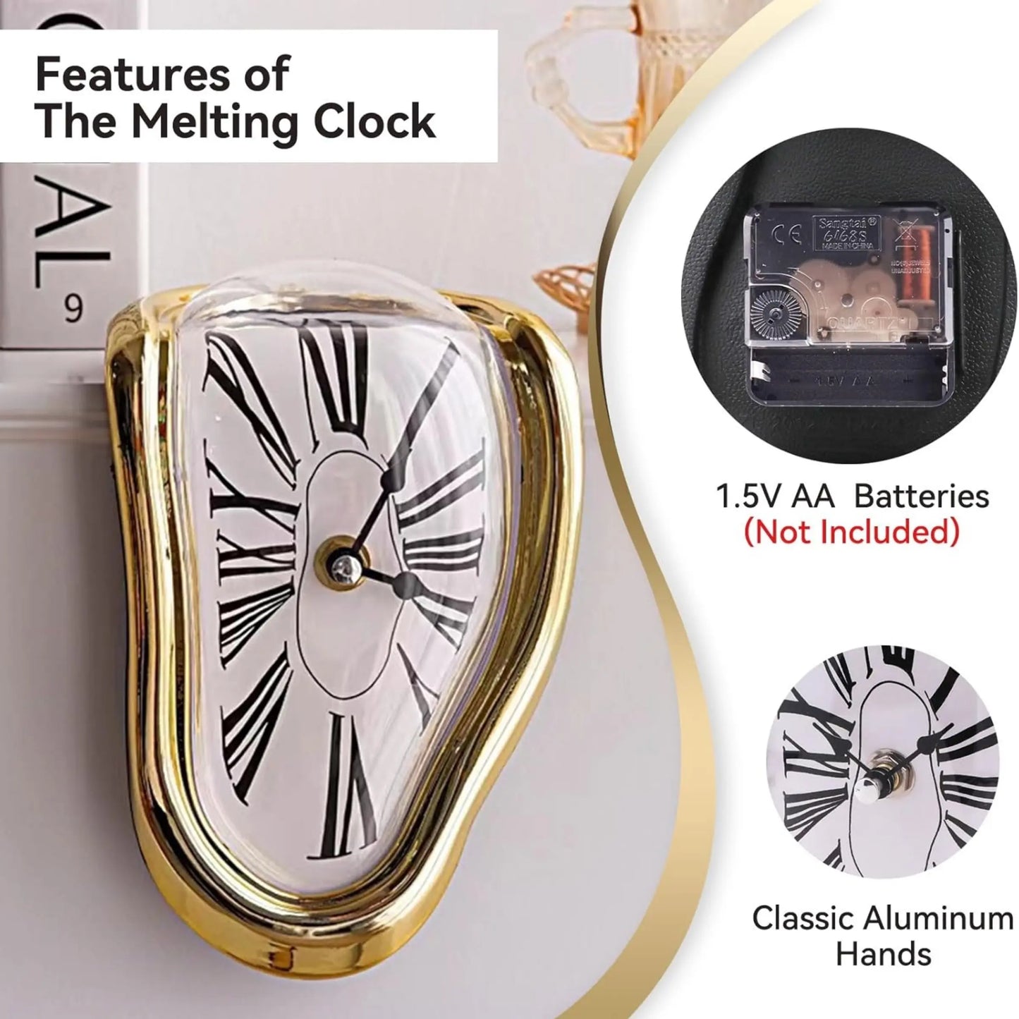 Surrealism Style Melting and Twisting Decorative Wall Clock, Roman Numeral Display, Battery-Powered (Requires 1 AA Battery), Creative Home Decoration Clock for Bedroom, Living Room, Study, Holiday Gift