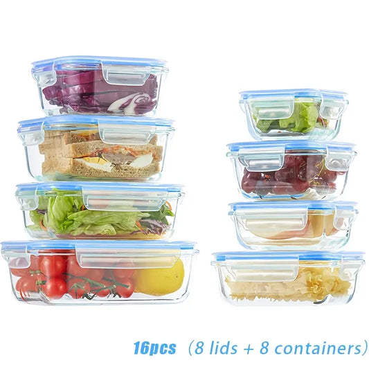 16-Piece Glass Food Storage Containers Set – Airtight Meal Prep & Kitchen Preservation Lids