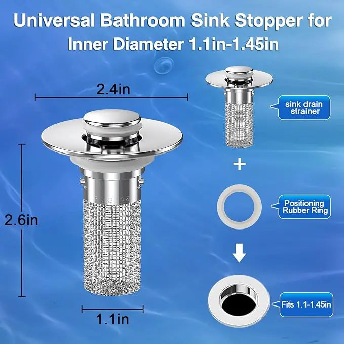 KKC 2/1 pcs Pop-Up Bathroom Sink Drain Strainer, Stainless Steel Hair Catcher Basket with Brass Drain Plug, Universal Fit for US Bathroom Sinks, Bathtubs, Showers & Floor Drains