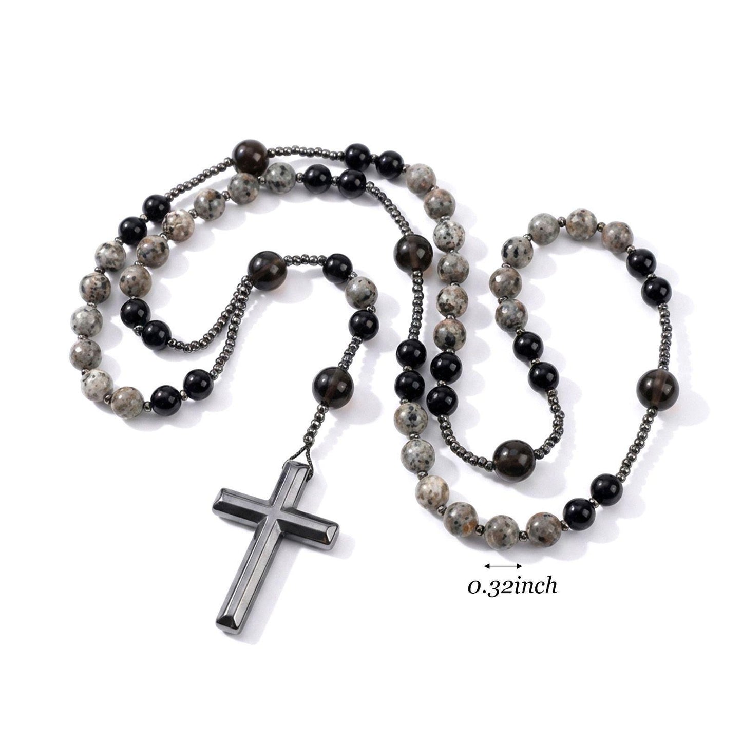 Eclat Mystique Natural Obsidian Yooperlite Rosary Necklace UV Reactive Protection Necklace Hematite Stone Cross Pendant Necklace Gift for her, gift for him
