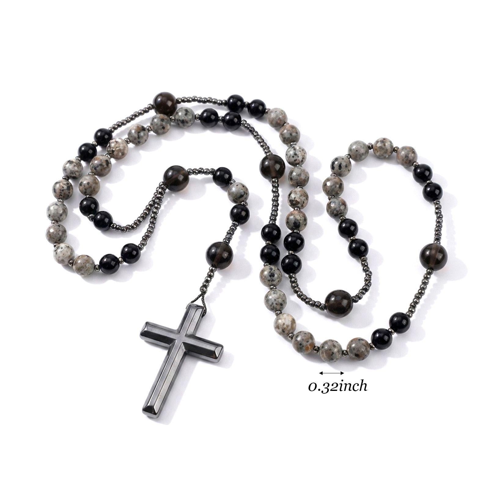 Eclat Mystique Natural Obsidian Yooperlite Rosary Necklace UV Reactive Protection Necklace Hematite Stone Cross Pendant Necklace Gift for her, gift for him