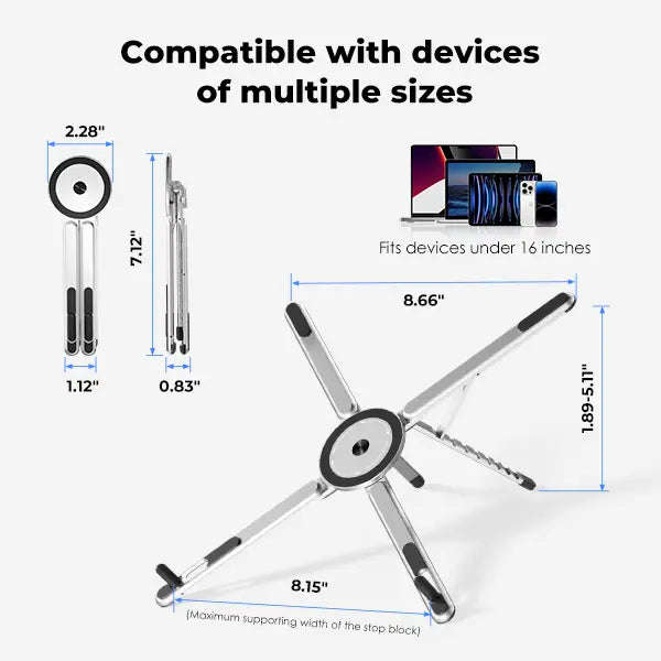 Viozon Foldable Aluminum Laptop Stand – Adjustable Desk Riser with Magnetic Phone Holder for 10–16” Laptops (Silver)