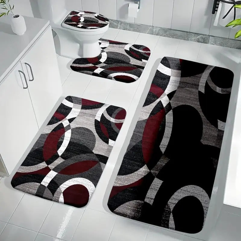 DearTex 4pcs Grey & Black White Curved Pattern Flannel Bathroom Rug Set, Non-Slip Quick Absorbent Bath Mats, U-Shaped Toilet Accessories Cover, Reusable Washable Shower Floor Mat Set