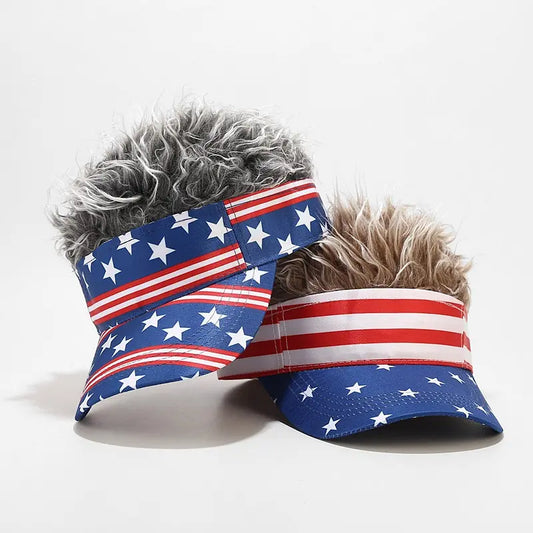 Patriotic US Flag Visor Hat with Fake Hair Wig
