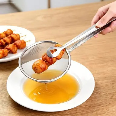 2-in-1 Stainless Steel Strainer Tongs – Fine Mesh Skimmer Spoon Clip for Frying & Hot Pot