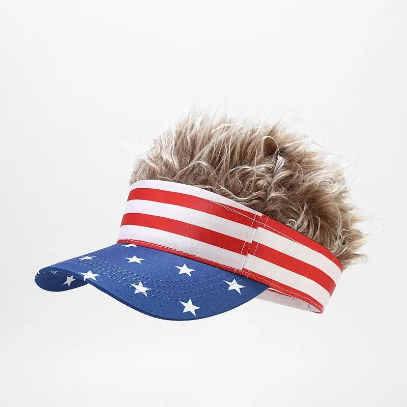 Patriotic US Flag Visor Hat with Fake Hair Wig