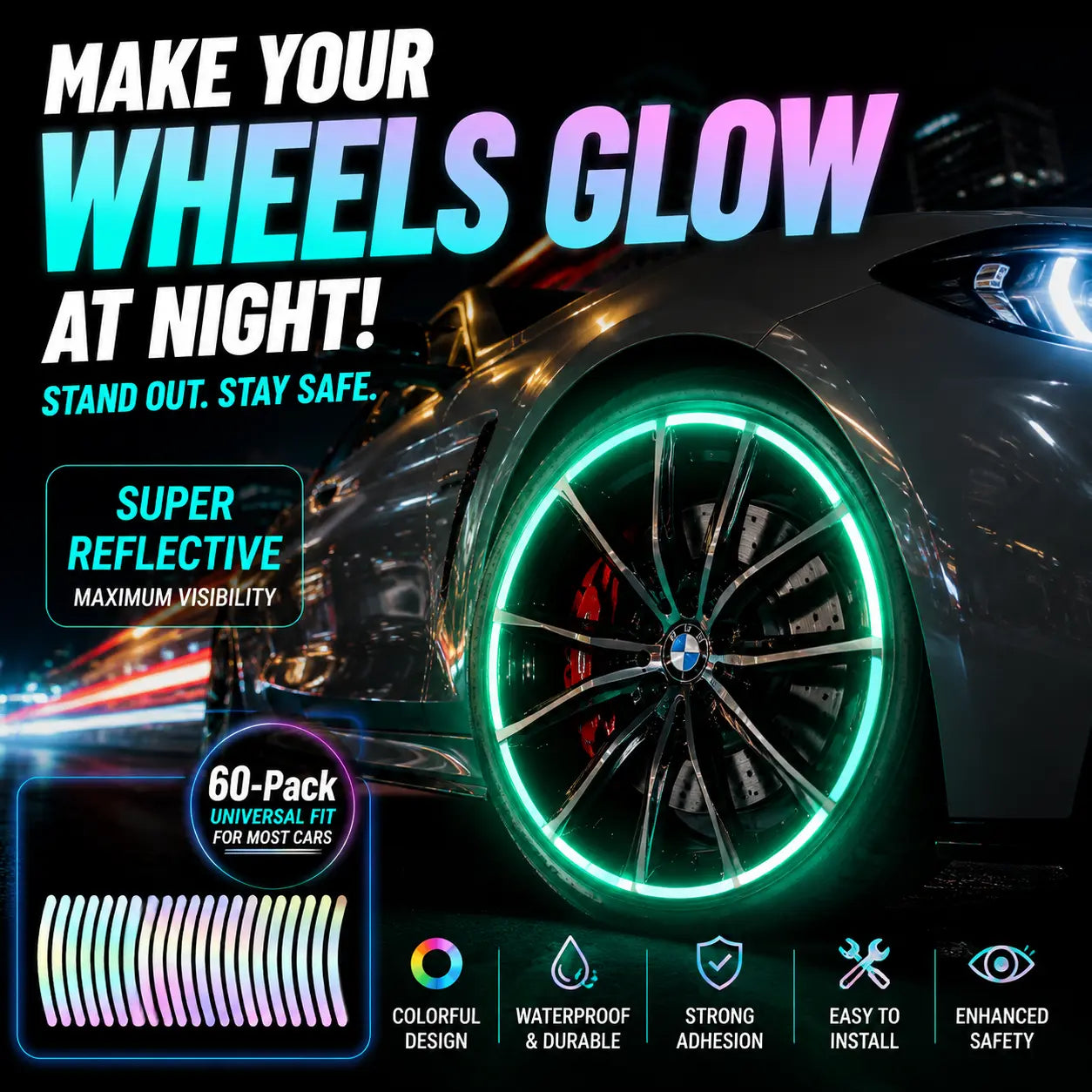 60-Piece Glow in The Dark Reflective Wheel Rim Stickers – Waterproof Universal Decals for Cars
