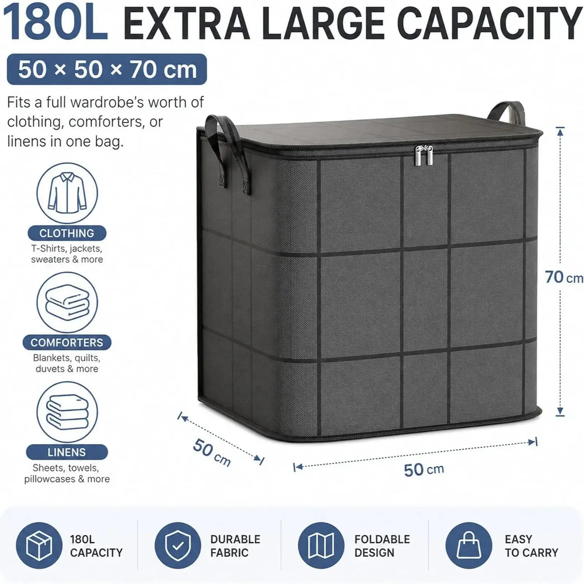 Large-Volume Fabric Storage Bin with Zipper & Handles – Organizer Bag for Bedding & Clothes