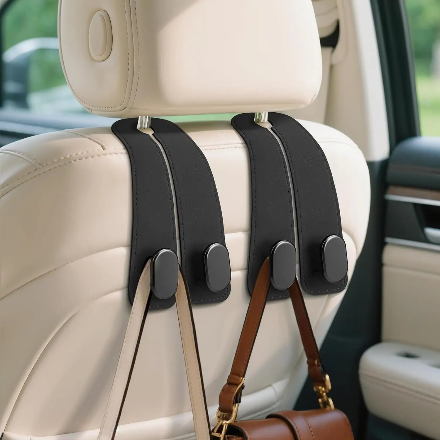 2pcs Heavy-Duty Car Seat Headrest Hooks – Leather & Metal Purse Organizer for Handbags & Groceries