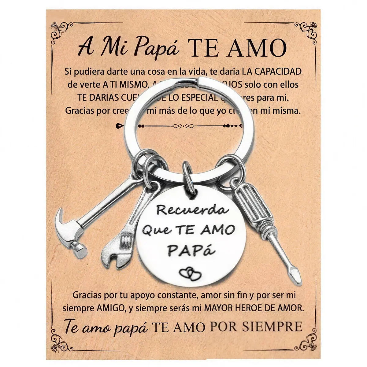 Father's Day Tool Keychain with Gift Box, Stainless Steel Mini Hammer Wrench Screwdriver Key Ring Engraved "Recuerda Que Te Amo Papá", Birthday Gifts for Dad Papa Grandpa