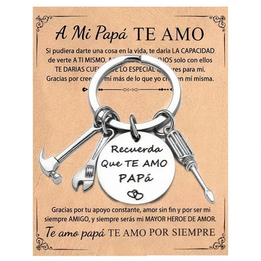 Father's Day Tool Keychain with Gift Box, Stainless Steel Mini Hammer Wrench Screwdriver Key Ring Engraved "Recuerda Que Te Amo Papá", Birthday Gifts for Dad Papa Grandpa