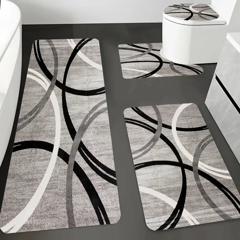 DearTex 4pcs Grey & Black White Curved Pattern Flannel Bathroom Rug Set, Non-Slip Quick Absorbent Bath Mats, U-Shaped Toilet Accessories Cover, Reusable Washable Shower Floor Mat Set