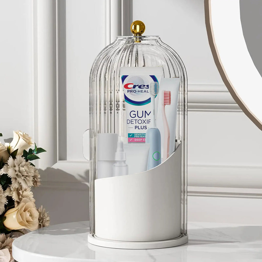 Soporte Giratorio 360° Transparente para Cepillos de Dientes con Puerta Transparente – Organizador de Tocador de Baño para Encimera (1 Unidad)