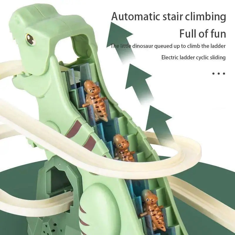 Electric Dinosaur Stair Climbing Toy, Automatic Slide Track Playset with 6 Dinosaur Cars, Educational Interactive Racing Toy for Kids, Ideal Holiday Birthday Gift