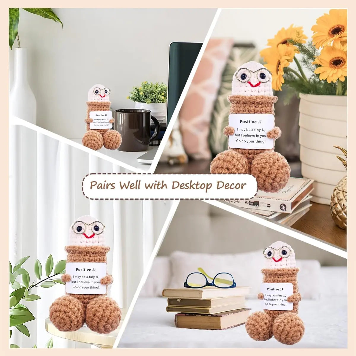 Funny Emotional Support Crochet Doll with Encouragement Card – Cute Knitted Desktop Decor & Inspirational Gift