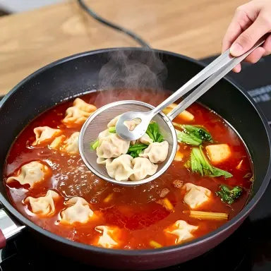 2-in-1 Stainless Steel Strainer Tongs – Fine Mesh Skimmer Spoon Clip for Frying & Hot Pot