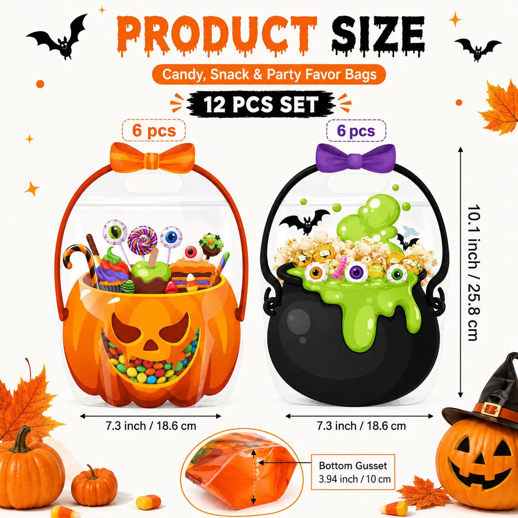 12-60 Pcs Halloween Plastic Goodie Bags – Trick or Treat Candy Bags with Pumpkin & Skull Patterns