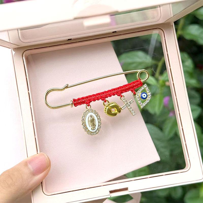 September Laurel Protection Brooch for Pregnancy & Baby Religious Charm Maternity Safety Pin Brooch – Virgin Mary, Cross & Evil Eye Belly Jewelry Pin