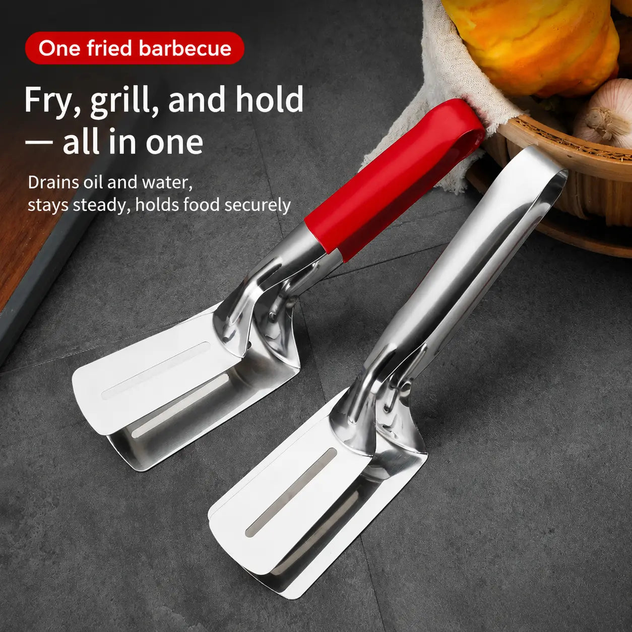 Multi-Functional Stainless Steel Steak Spatula Clamp, Kitchen Cooking Tongs for Fried Steak, Grill & Frying Pan Use