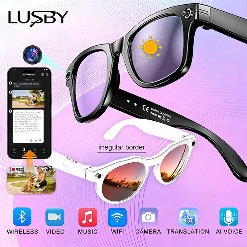 Smart AI Camera Glasses with 8MP Photochromic Lenses ,Button Touch Adjustment for Travel Outdoor Adventures Hands-Free Photography 160+Languages Real-Time Translation Bluetooth Wireless Wearable Video Recording UV Protection ,Valentine's Day gifts