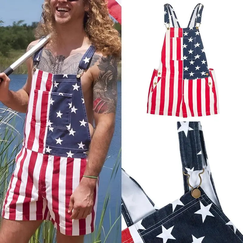 Men's and Women's American Flag Denim Overalls Stretch Shorts, Patriotic, Merica Menswear Suits Sleeveless, Parents' Day Romper Summer Menswear