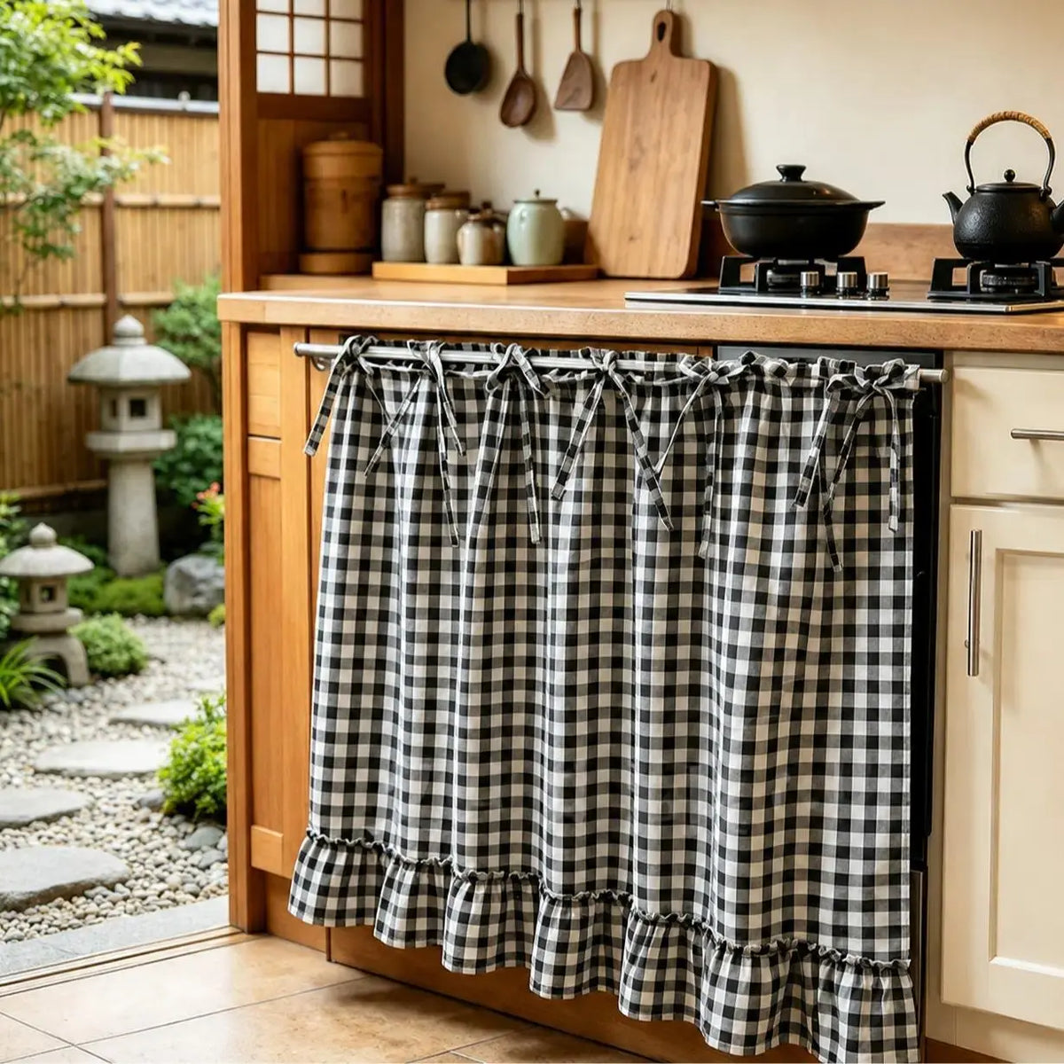 2026 Farmhouse Stove Curtain – Gingham Plaid Ruffle Short Window Valance
