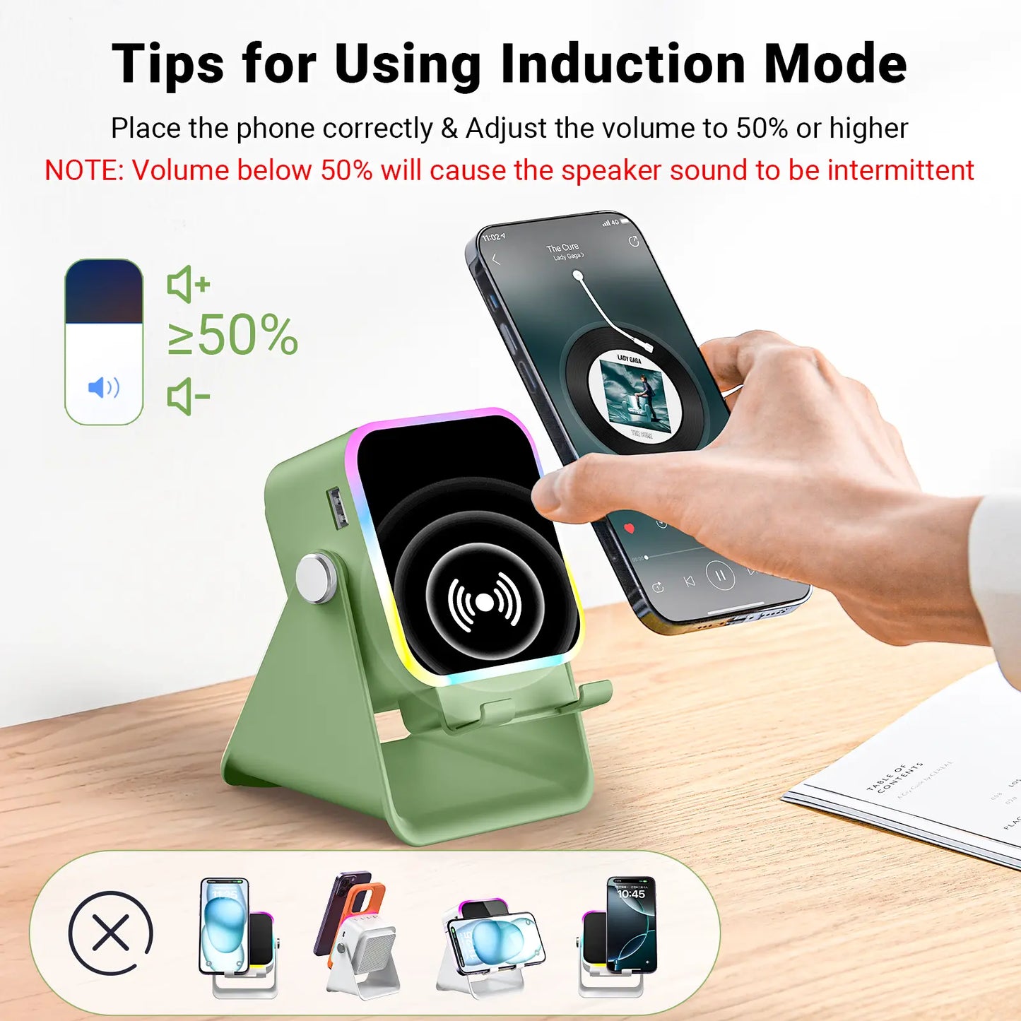 PUTARE 5-in-1 Wireless Induction Audio Speaker Stand, Cellphone Tablet Holder with 3500mAh Power Bank & Ambient Light, 360° Adjustable Desk Organizer, Father's Day Gifts
