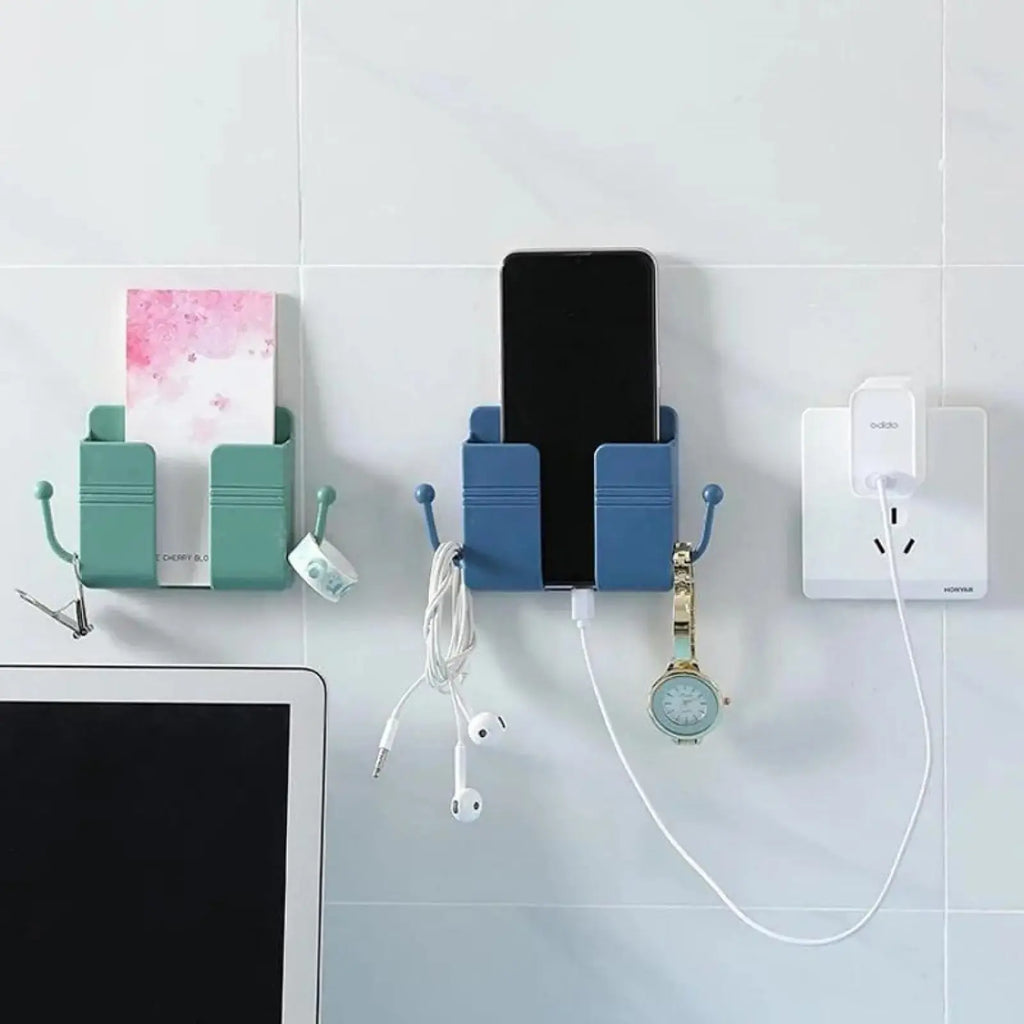 Wall-Mounted Adhesive Phone Holder with Cable Clip & Hooks for Charging & Remote Control