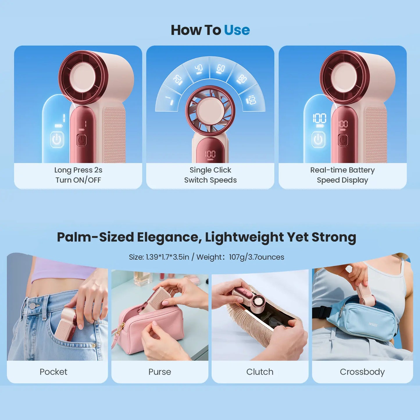 Mini Handheld Fan with LED Display - 6-Speed Turbo Portable Pocket Fan