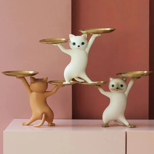 Cat Serving Tray Statue – Cute Resin Animal Sculpture & Decorative Home Decor Ornament