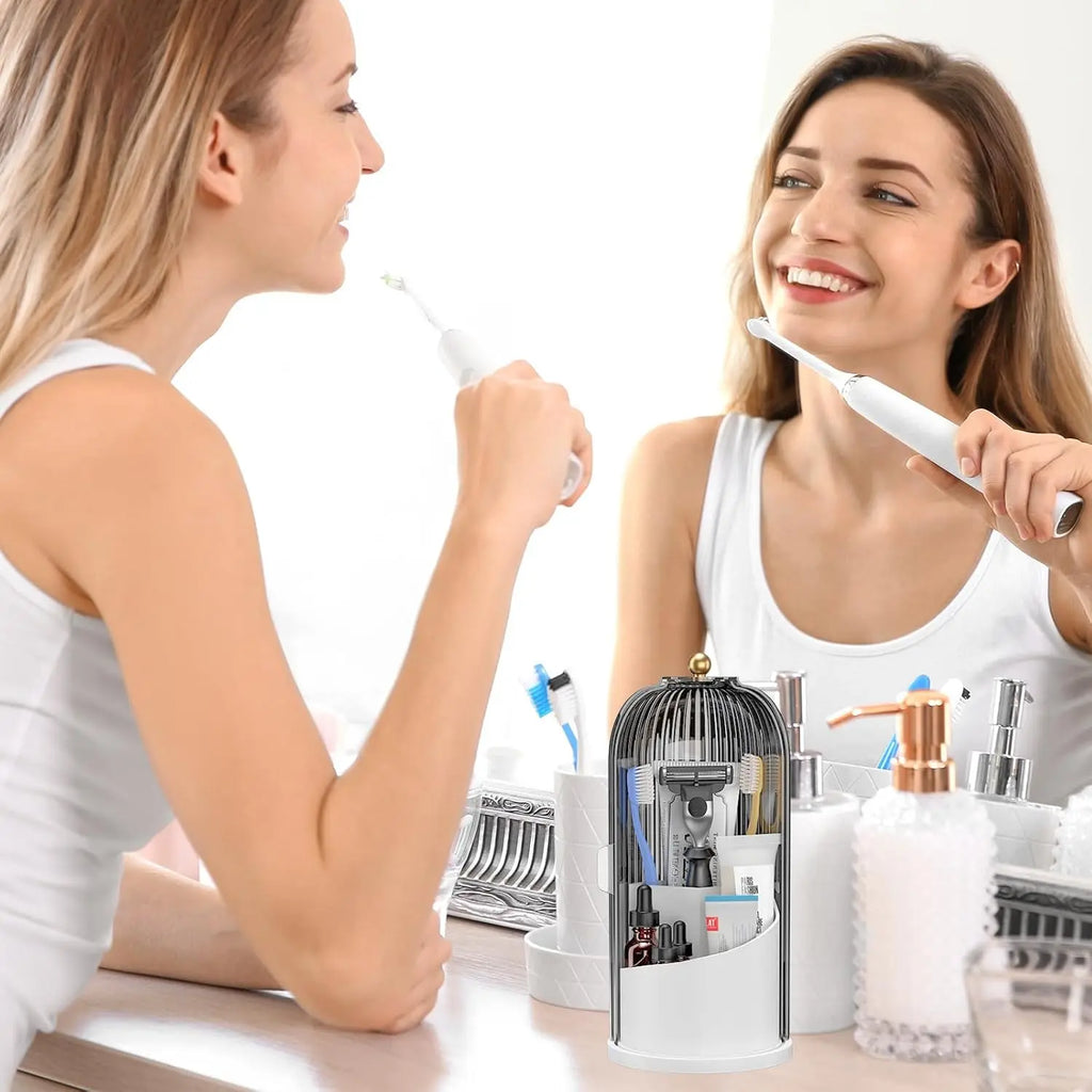 Soporte Giratorio 360° Transparente para Cepillos de Dientes con Puerta Transparente – Organizador de Tocador de Baño para Encimera (1 Unidad)