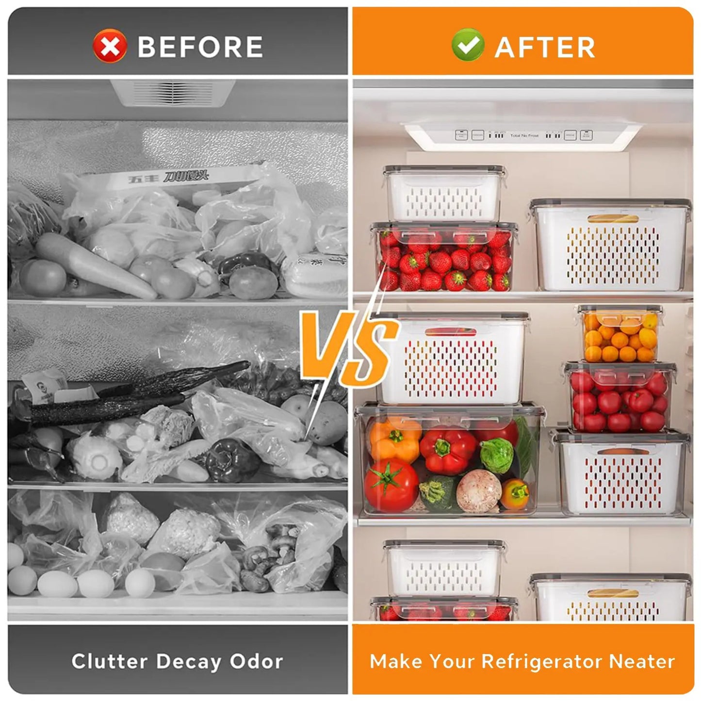 5PCS Fridge Organizer Set with Drain Basket – Stackable Produce Storage Containers for Fruits, Vegetables & Meal Prep