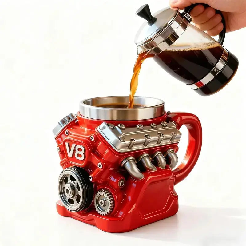 V8 Engine Stainless Steel Coffee Mug Gift for Car Lovers and Dads