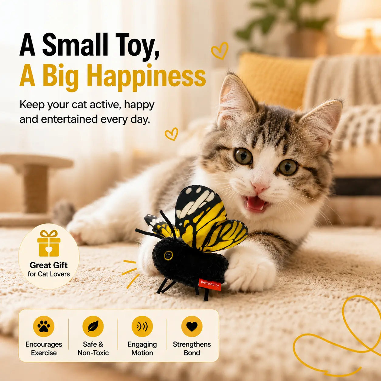 Interactive Electric Butterfly Cat Toy, 3 Smart Flying Modes, USB Rechargeable Hanging Teaser Toy with Washable Cover for Indoor Cats