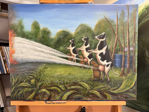 Capybara milking cows defend from hippo fart  ,”Hippo fart embellished canvas print.