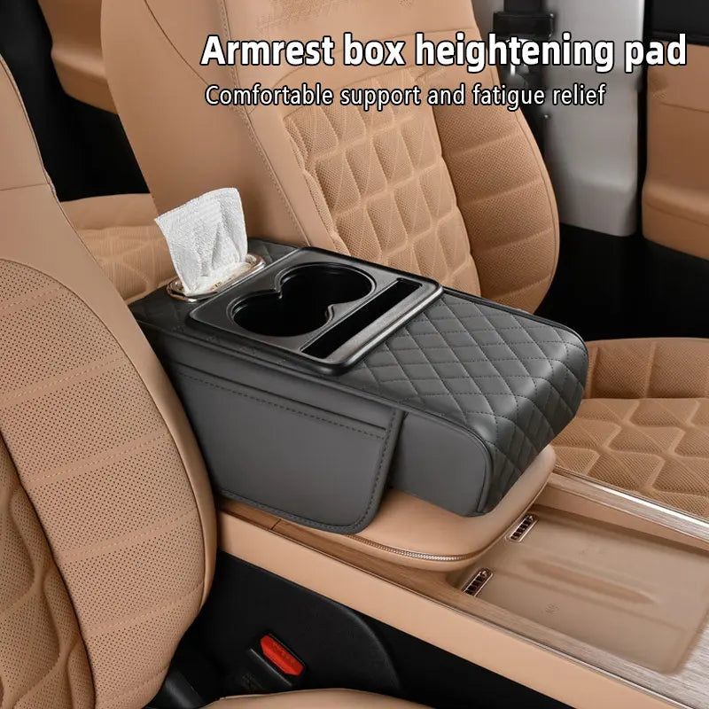 Car armrest storage bag, multi-functional 4-in-1 mat, suitable for car armrests, car storage bags, car center console organizers, and includes cup holders and phone holders, ideal for long-distance driving trips.