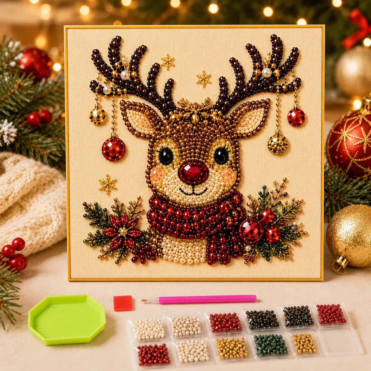 Pintura de diamante con perlas y cuentas 3D para Navidad – Guirnalda navideña de pared DIY para medias