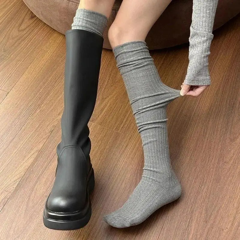 Women’s Solid Color Slouchy Stackable Knee-High Socks – Pure Cotton Terry Warm Calf Socks