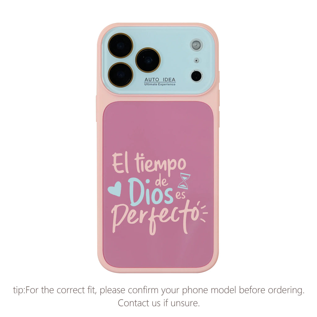 "God's Timing Is Perfect" Spanish Faith Quote Phone Case for iPhone 17 Pro Max – Color Block TPU-PC Camera Cover
