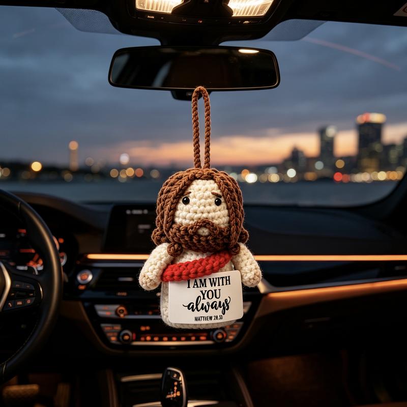 Handmade Yarn Crochet Jesus Stuffed Doll – Faith Car Charm Keychain & Dashboard Decoration