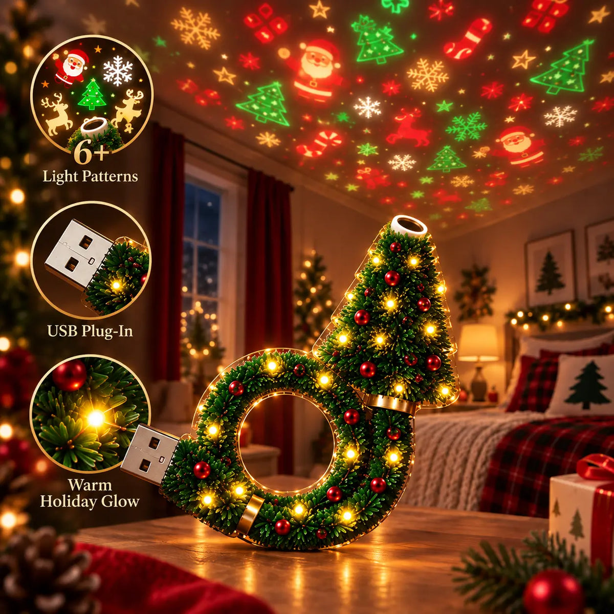 2026 New USB Christmas Projector Lamp – 6 Holiday Patterns Ceiling Night Light for Bedroom Decor