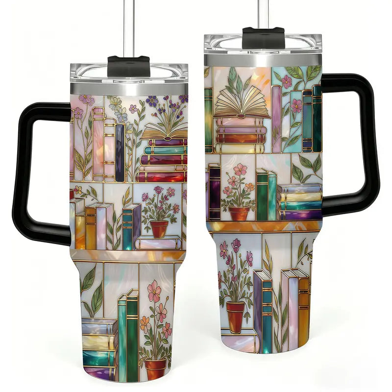 Stained-Glass Book Design 40oz Tumbler, Floral Bookshelf Tumbler, Book Lover Gift, Bookish Cup, Library Cup, Tea Cup, Coffee Mug, Gift for Friends, Kitchen Drinkware, Dealsforyou, Summerwins