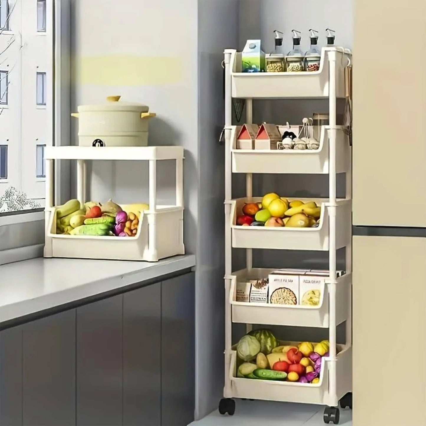 Adjustable Multi-Layer Rolling Storage Cart | Plastic Room Organizer for Kitchen & Bath (Includes Suction Sponge Holder & Glove Clip)