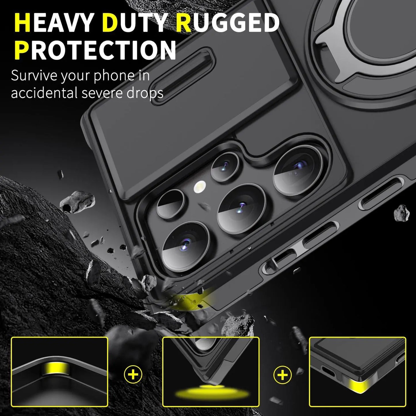 OREKROY Shockproof Magnetic Case with Slide Camera Lens Protector For Samsung Galaxy S26/S25/S24/S23/S22/S21 Ultra Plus Rotating Ring Holder