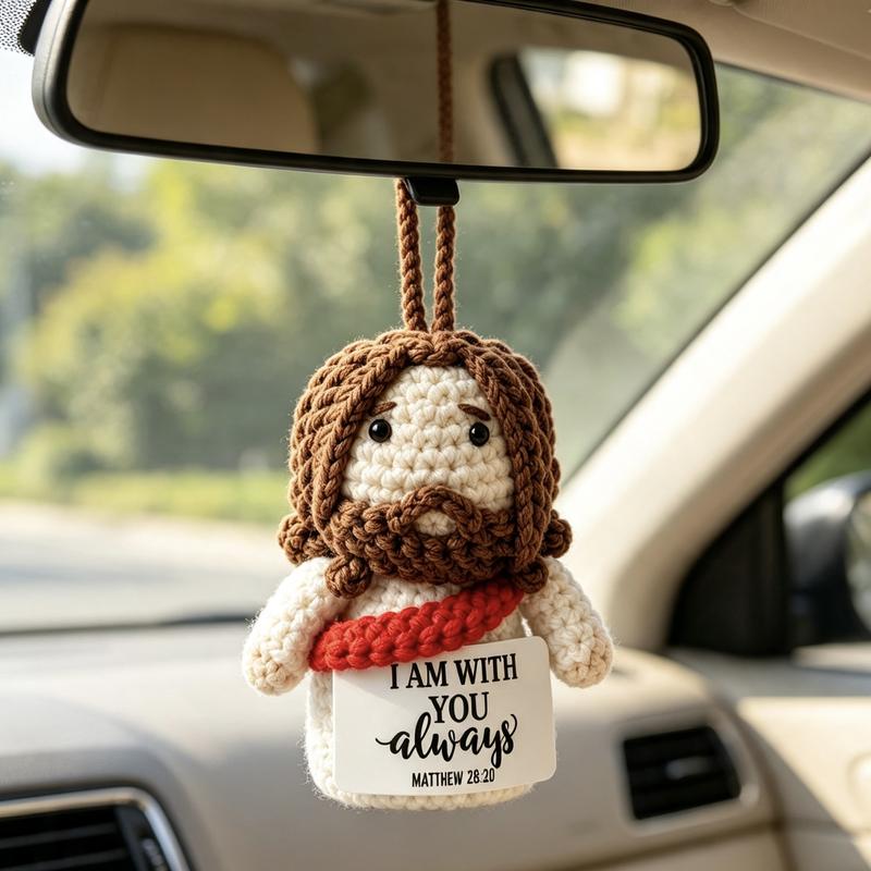Handmade Yarn Crochet Jesus Stuffed Doll – Faith Car Charm Keychain & Dashboard Decoration