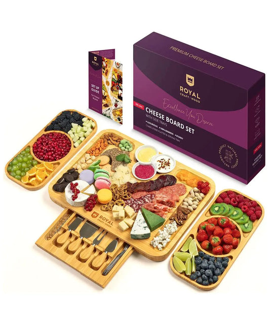 Large Bamboo Charcuterie Board Set with Knives, Ceramic Bowls & Expandable Serving Trays