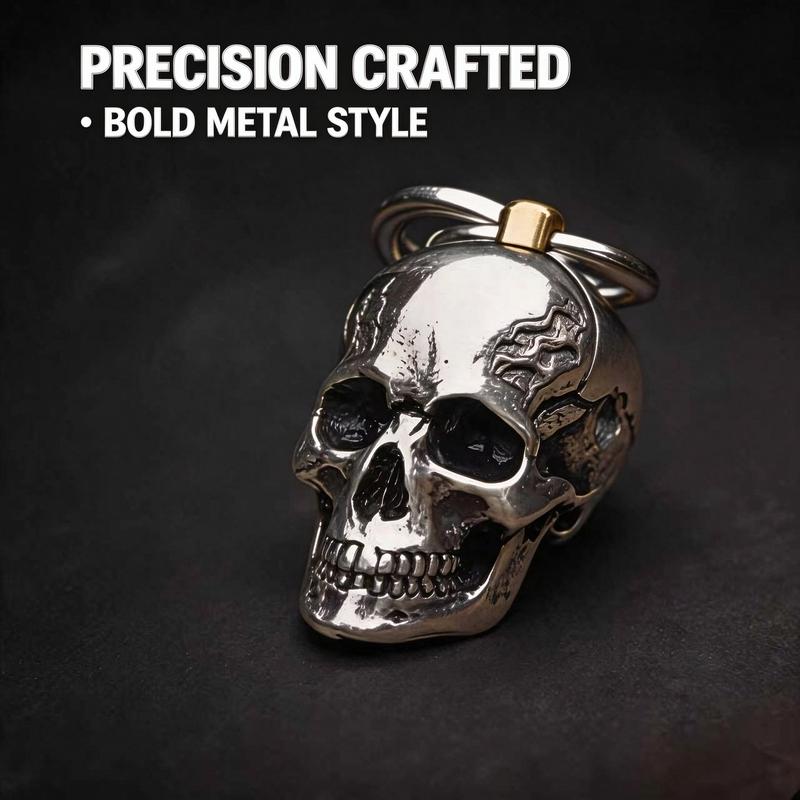 3D Skull Motif Heavy-Duty Metal Biker Keychain – Gothic Punk EDC Car Key Ring