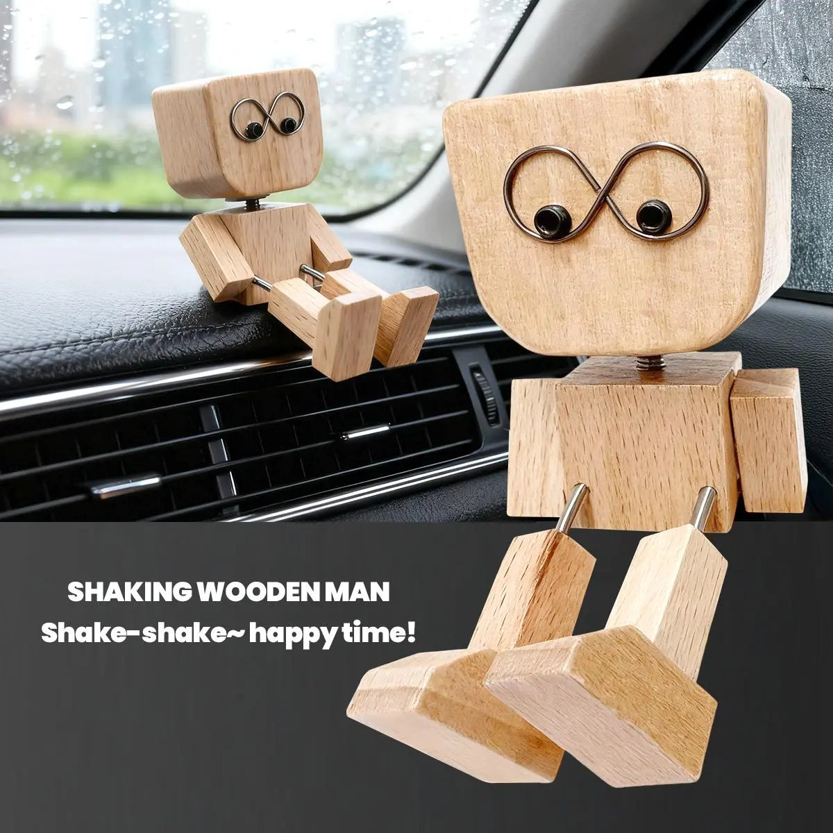 Shaking Wooden Man Car Dashboard Accessories, Handmade Wood Desktop Decor, Funny Cars Ornaments Shak Feet Woodens Doll with 12PCS Magnetic Expressions