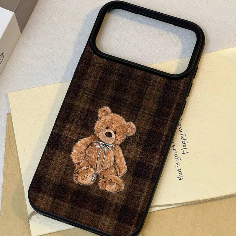 Brown Plaid Teddy Bear Leather Texture Phone Case – Cozy Vintage Shockproof Cover for iPhone 17 Pro Max